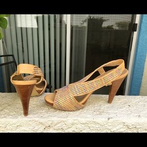 Multi colored and wooden platform slip on heels